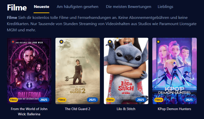 Bildschirmaufnahme der Filmpalast Oberflaeche die verschiedene Filme und Serien zeigt